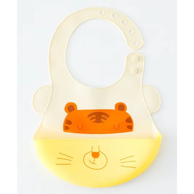 Babyhug Adjustable Silicone Bib for Toddlers – Beige Orange Tiger Print| Soft & BPA-Free| 5-Gear Neck Adjustment| Easy to Clean| Crumb Catcher| Roll-able Travel-Friendly