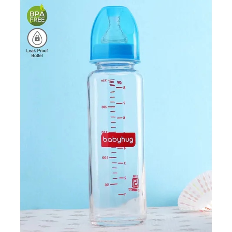 Babyhug Anti-Colic Glass Feeding Bottle with Silicone Nipple  250 ml, Blue | BPA Free | Heat Resistant | Leak Resistant | Ideal for Newborns & Toddlers |
