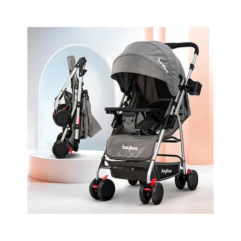 Baybee Convertible Infant Baby Pram Stroller for Newborn Babies with 3-Position Adjustable Seat & Canopy, Reversible Bassinet & 3 Point Safety Belt | Baby Stroller for Toddlers (Grey)