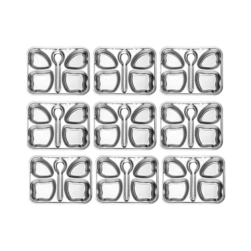 CutTales Pack Of 9 Stainless Steel Butterfly 4 Compartment Snack Dinner Plates For Kids | BPA Free, NonToxic And Dishwasher Safe Plate
