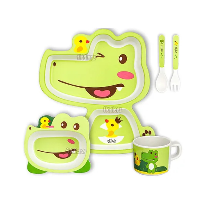 Fiddlerz Bamboo Baby Tableware Dinning Set Alligator Design Pack of 5  – Green
