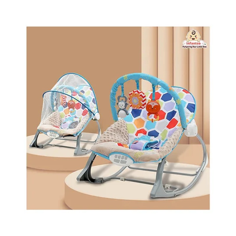 Infantso Baby Rocker Portable With  Mosquito Net  with Calming Vibrations & Musical Toy – Multicolour