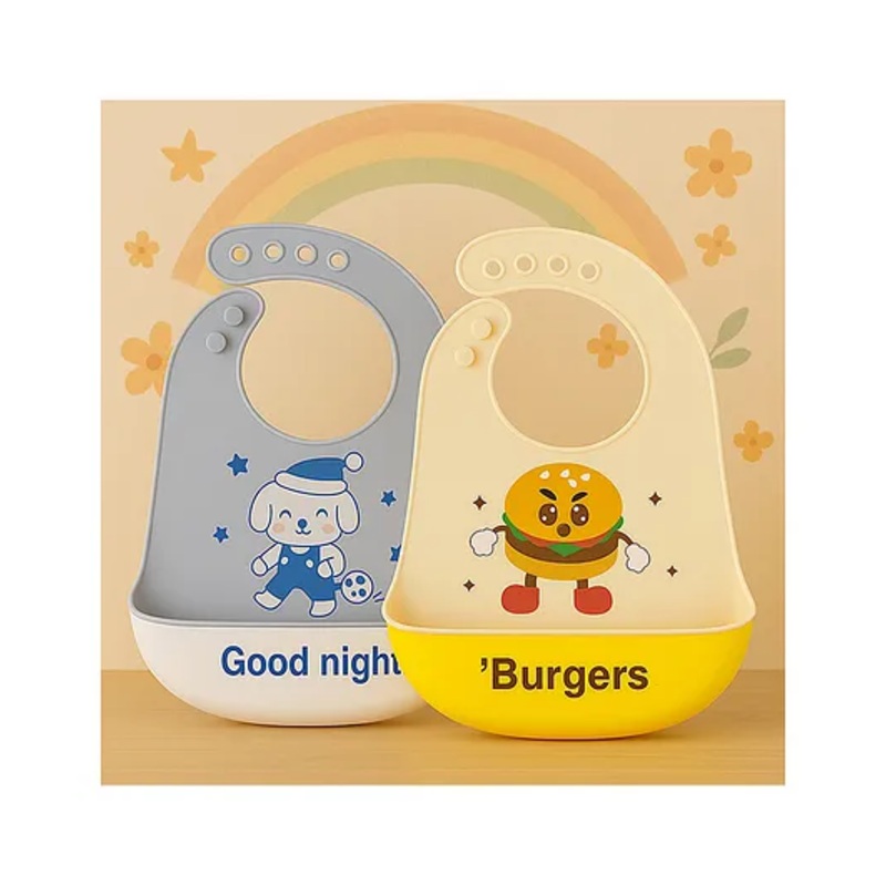 KIDS BASIC Soft Silicone Baby Bib with Food Pocket , Waterproof & Adjustable – Grey & Yellow (Pack of 2)