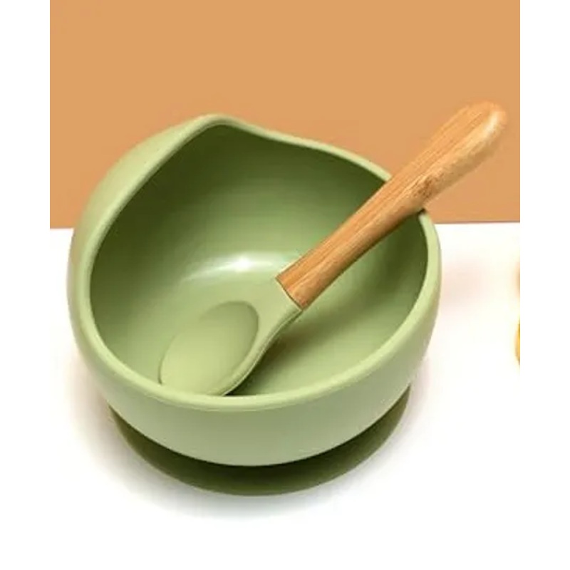 Kids Station 2 Piece BPA-Free Silicone Baby Feeding Set – Bowl – Spoon – Make Mealtime Fun and Easy for Your Little One – Tableware Meal Utensils for Kids with Suction – Microwave Friendly – Green