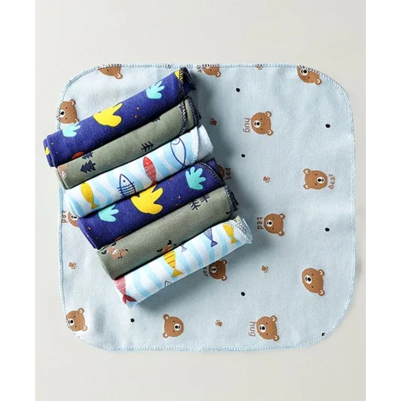 OHMS Interlock Knit Wash Cloths Sea Life & Animal Print Pack of 7 L 22 x B 21.5 cm – Light Blue & Navy Blue