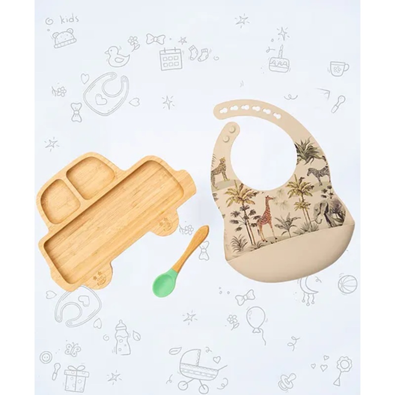 StarKiddo Rider Bamboo Suction Plates with Weaning Spoon and Cute Adjustable Printed Bib for Baby and Toddler – Green-Beige