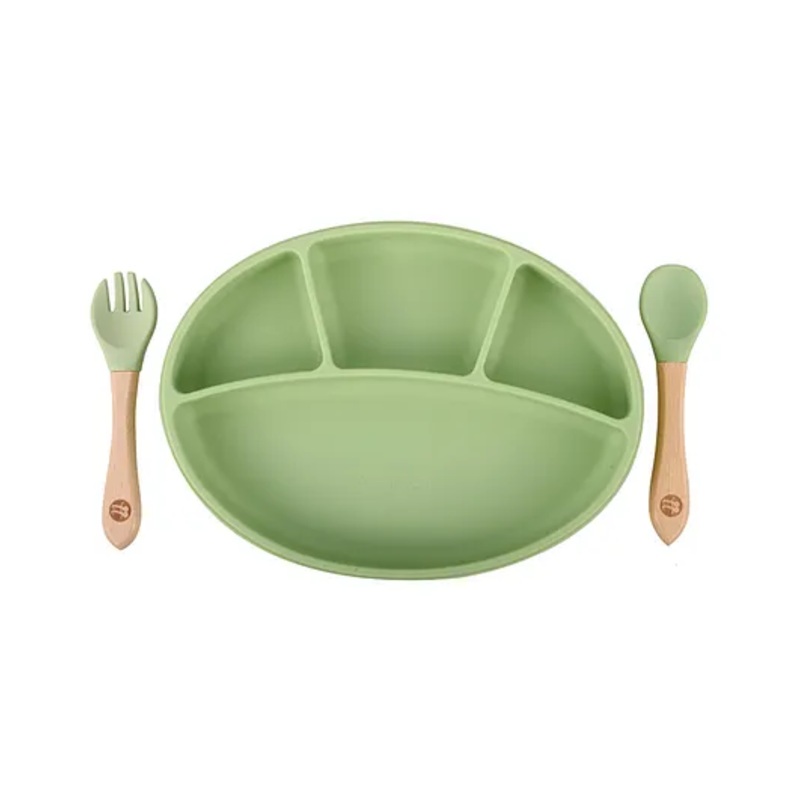 Taabartoli Silicone Oval Plate with Suction  Bamboo Spoon and Fork Set – Green