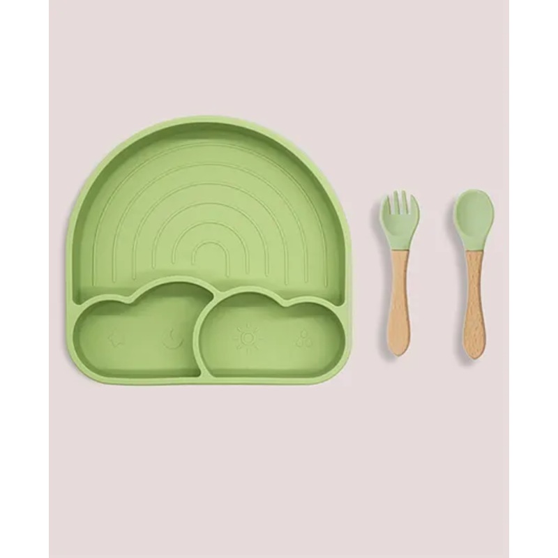 Theoni Silicone Suction Baby Feeding Set with Plate, Spoon & Fork Mess Free Toddler Mealtime Essential Olive