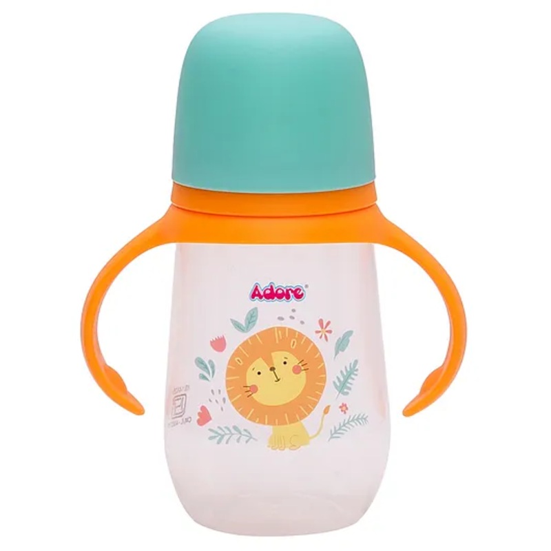 Adore Magnum Opus 4 Stage Wide Neck Feeding Bottle with Gravity Ball Twin Handle – With Dual Anti-Colic Teat -250ml Orange Lion