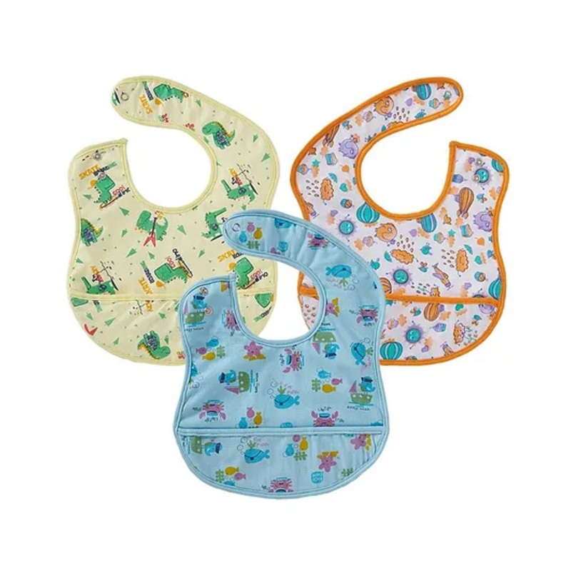 babywish Food Catcher Printed Bib Pack of 3 – Yellow, Orange, Blue