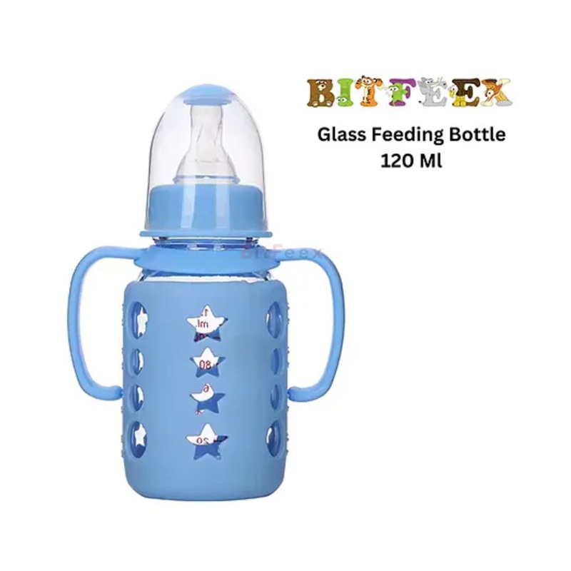 BitFeex Glass Bottle Borosilicate Glass Feeding Bottle Feeder for Newborn Nipple for Infants-120 ml Blue