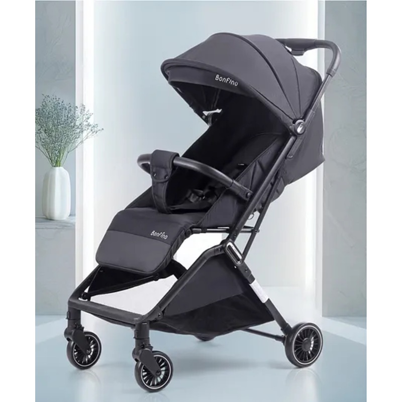 Bonfino AirLuxe Cabin Stroller – Compact Tri-fold, Lightweight, Linen Fabric, Adjustable Canopy, Safety Harness – Black| Concealed Link Brake| Self Standing When Folded| Reclining Backrest and Adjustable Foot Rest