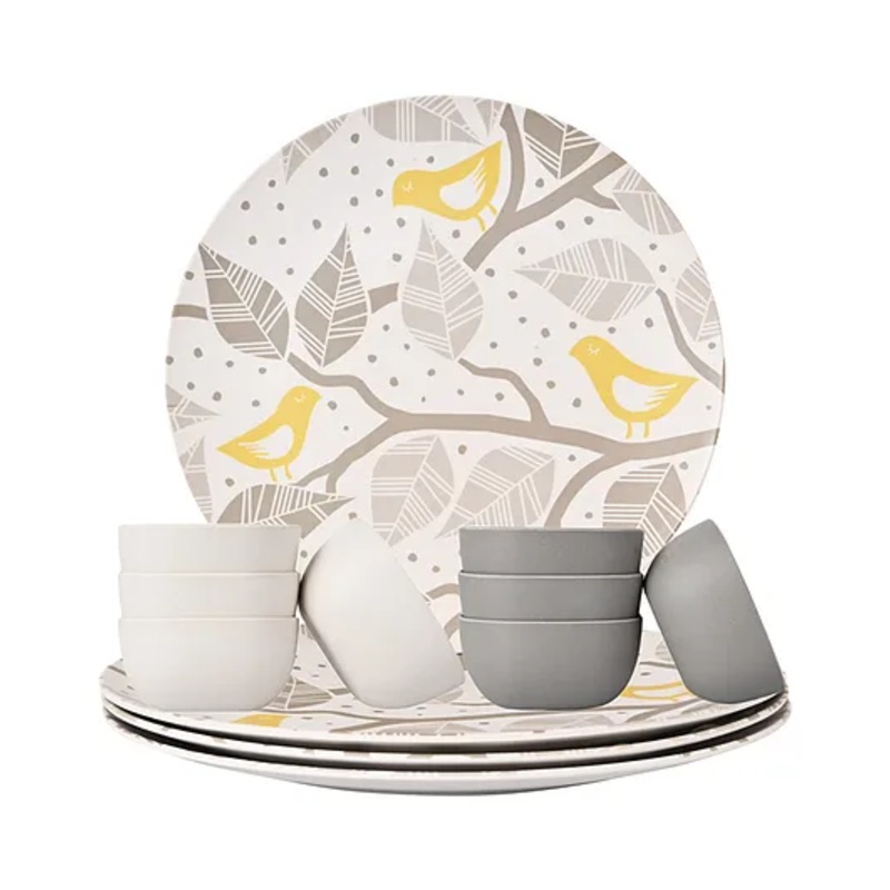 Earthism Eco-Friendly Life Theme Bamboo Fibre 4 Dinner Plates and 8 Bowls Pack of 12 – Beige Grey