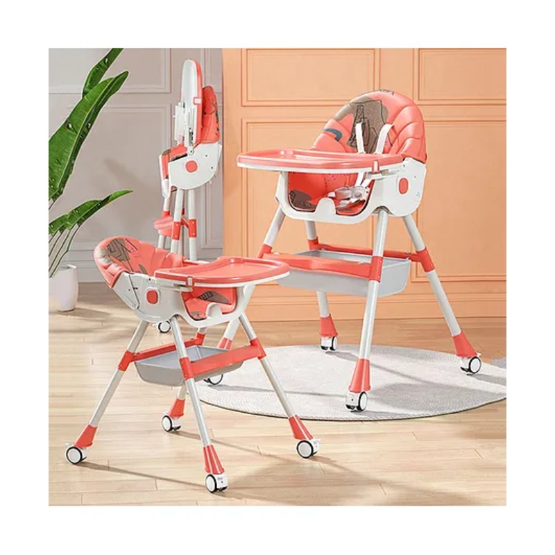 High Chair with Wheels and Printed Cushion – Red| 5 Point Harness| Wheels with Lock| Compact Fold| Removable Double Food Tray| Reclining Backrest