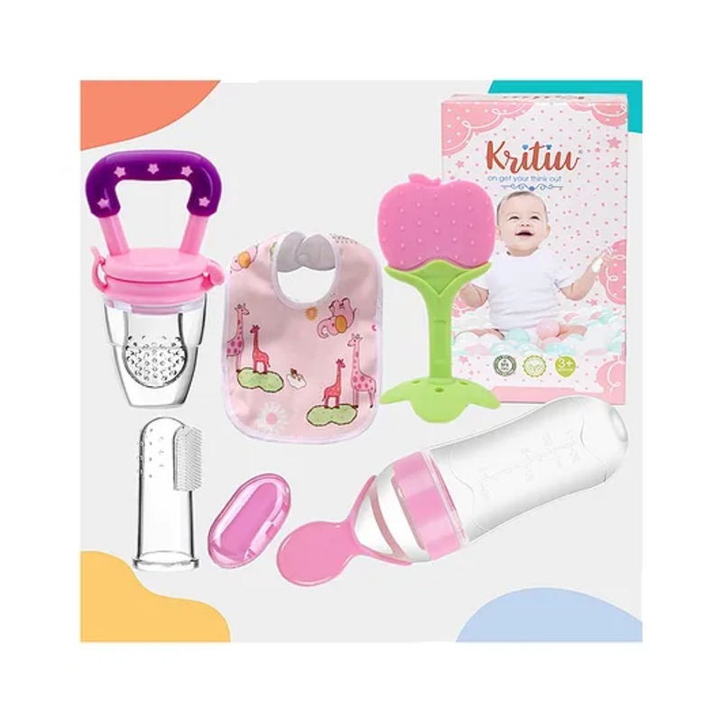 Kritiu Baby Fruit Feeder Pacifier Silicone Baby Food Dispensing Spoon 90 ml Fruit Teether Finger Brush & Baby Bib Combo – Pink