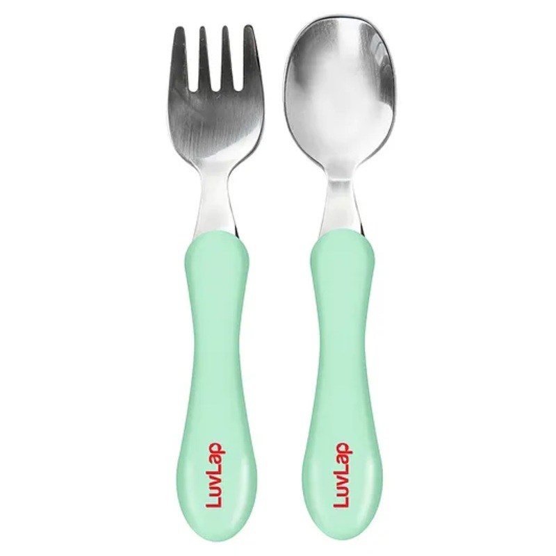 LuvLap Premium Stainless Steel Baby Spoon & Fork Set, Food Grade PP Spoon, BPA-Free, 12+ Months, Light Blue, Baby Feeding Essentials