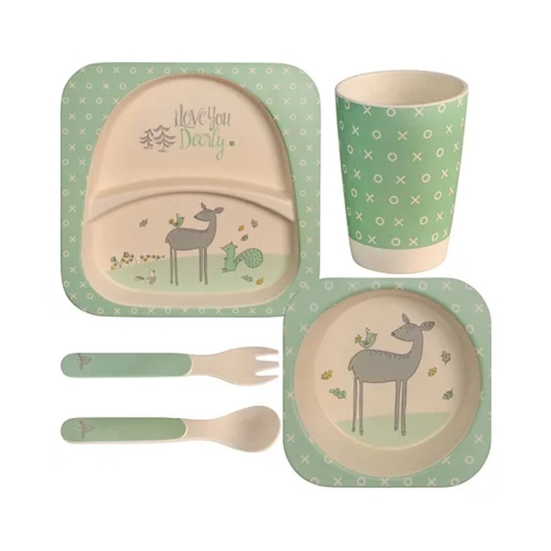 Polka Tots Eco-Friendly 5-Piece Bamboo Fiber Feeding Set For Babies, Toddlers, & Kids Includes Plate, Bowl, Glass, Spoon, Fork  Deer Design | Kids Tableware & Crockery Set
