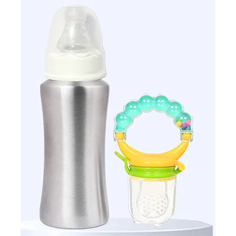 The Cheeky Kidzz Baby Silicone Fruit Nibbler Soother Teether Teething With Stainless Steel 240ml Bottle Set BPA Free(GREEN)