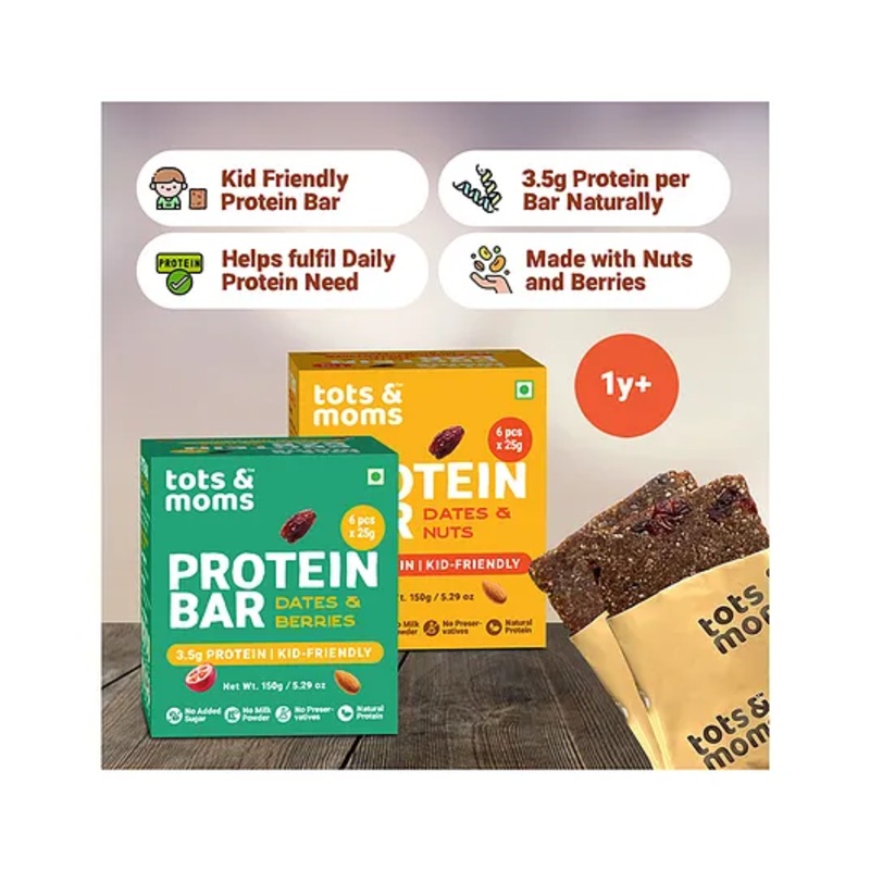 Tots & Moms Natural Protein Bars for kids – Dates, Nuts & Cranberries, Pack of 2 | 3.5g Protein per Bar | Rich in Fiber | Sweetened with Dates | (25g X 6) 150g – Each