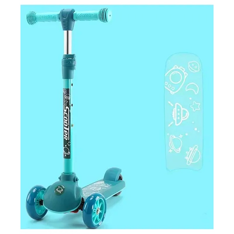Baby Blaze Space Theme Kids 3 Wheel Kick Scooter with PU Wheels Wide Standing Deck & 3 Level Adjustable Handlebar – Blue| Lean-to-Steer| Toy for 3 to 12 year Boys and Girls| Gifting Option