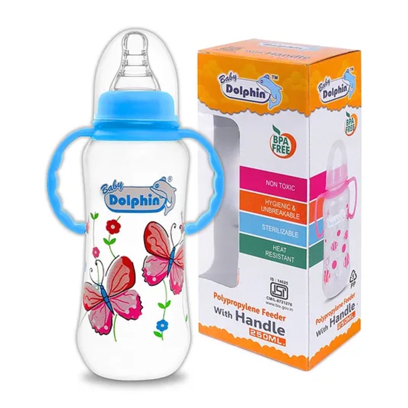 Baby Dolphin Anti-Colic Plastic Feeding Bottle 250ml with Handle | Liquid Silicone Nipple | BPA Free| Anti-Colic | Handle Feeding Bottle | Baby Milk Bottle| Butterfly |Sky Blue.
