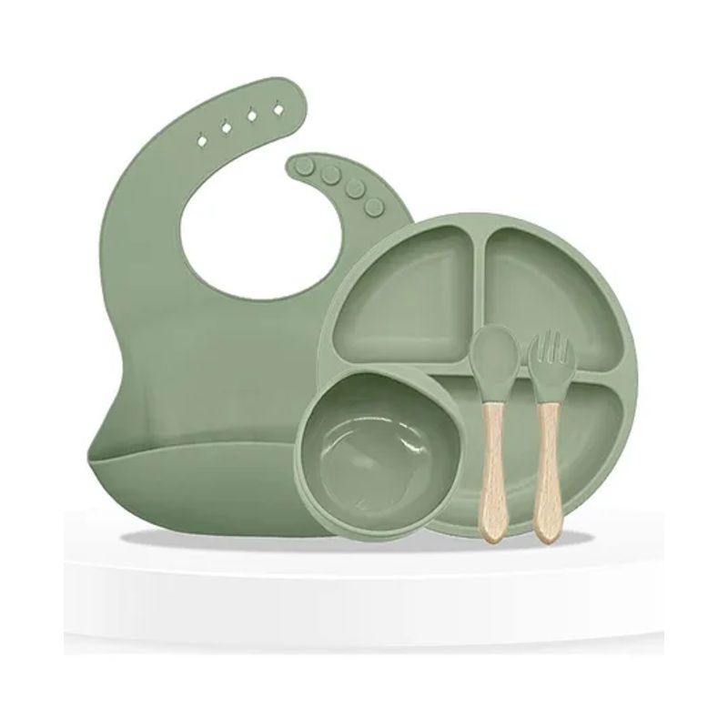 Bembika Baby Dinner Set Silicone Tableware Set With Bib For Baby Infant Pack Of 5 – Green
