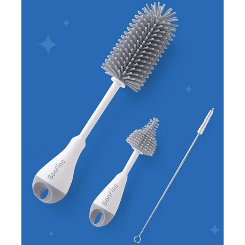 Bonfino Bottle & Nipple Cleaning Brushes Set Of 3 – Grey| Straw Cleaning Brush| Scratch Resistant Silicone Bristles| BPA Free & Food Grade| Ergonomic Handle| For Bottles, Sippers, Teats, Straw