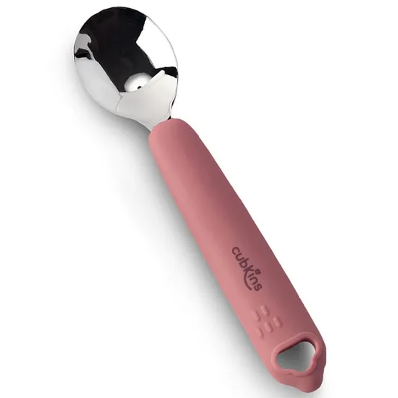 CUBKINS Spoon for Babies, Infants & Toddlers with Stainless Steel Head & Silicone Handle | No Sharp Edges | BPA Free, Food Grade, FDA Approved | Washable & Reusable (Raspberry)