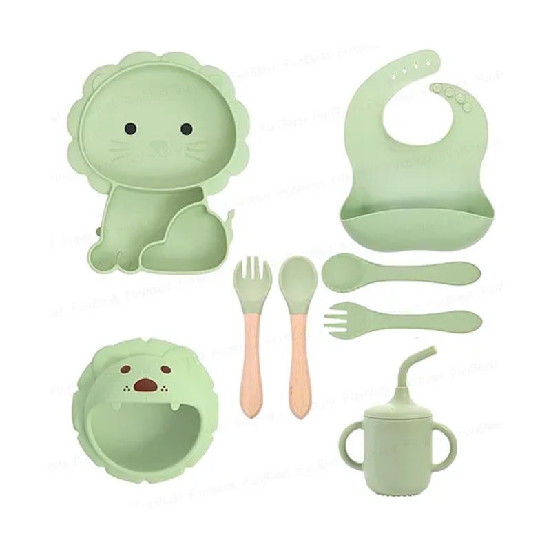 FunBlast Lion Theme Silicone Baby Tableware Feeding Set  8 Pcs Green