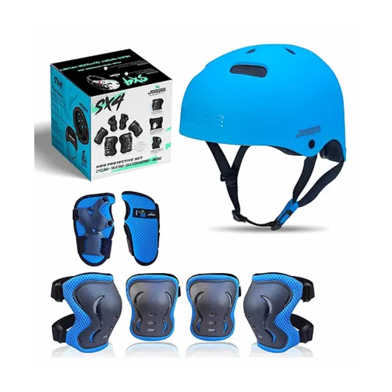 Jaspo Sx 4 Ultra Protective Set for Skating –  Cycling Helmet Set with Knee Pads Elbow Pads Wrist Guards –  Adjustable Helmet –  Protective Gear Set for Bicycle Roller Skating Skateboarding (Extra Small – Blue)