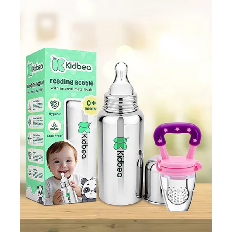 Kidbea Stainless Steel Infant Baby Feeding Bottle,Pink silicon Fruit Feeder BPA Free, Anti-Colic, Plastic-Free,304 Grade Medium-Flow Combo of 2