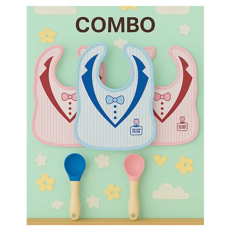 KIDS BASIC Premium Silicone 2 SpoonsWith Plastic Handle & 3 Snap Button Tie Printed Bibs – Pink, Green & Multicolor (Pack of 5)