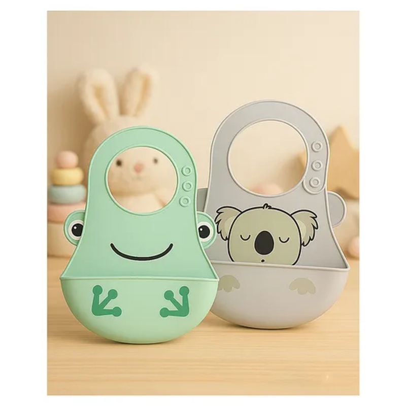KIDS BASIC Soft Silicone Baby Bib with Food Pocket , Waterproof & Adjustable – Blue &Green (Pack of 2)