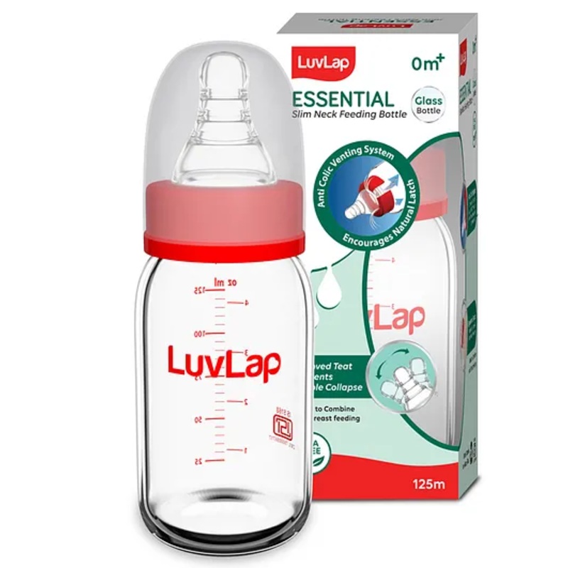 LuvLap Essential Slim Neck Glass Feeding Bottle, 125ml, 0m+, BPA Free, Ergonomic Shape, Anti-Colic Nipple, White & Red, Pack of 1