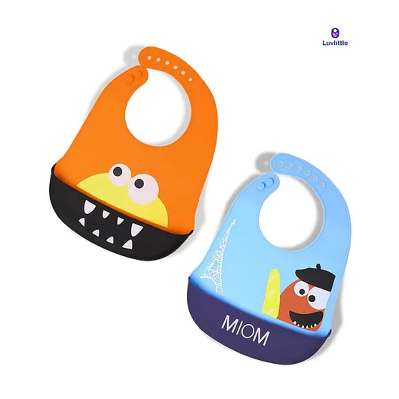 Luvlittle Silicone Waterproof Feeding Bibs With Adjustable Strap Pack of 2 – SkyBlue & Orange (Print May Vary)