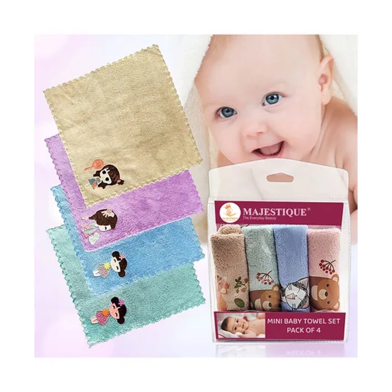 Majestique Baby Face Towels,Kids Hankies, Baby Bathing Cloth for Newborn,Infant,Kids 10x10inch, Multicolor (Pack of 4)