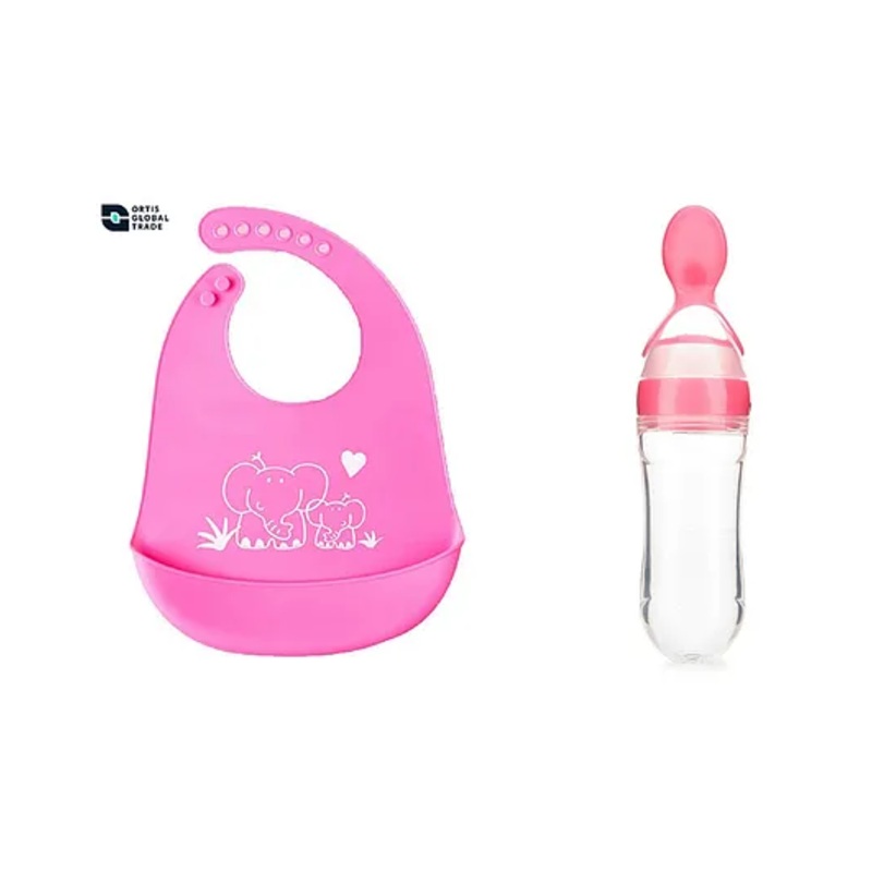 Ortis Adjustable Snap Button Bib With Crumb Catcher and Silicone Food Feeder -Pink (Colour & Design May Vary)