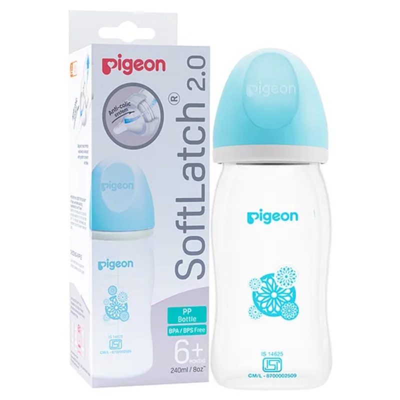 Pigeon Soft Latch 2.0 Anti Colic System Nursing Bottle With White Cap & Blue Hood – 240 ml