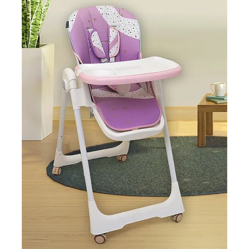 Polka Tots Luxury High Chair for Babies  Twist n’ Taste Star Print | 7 Height Levels, One-Click Fold, 3 Recline Positions, Footrest, Extra Cushion, Wheels & Basket