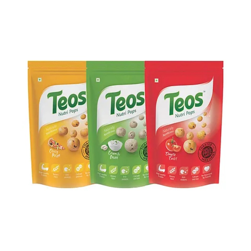 Teos Nutri Pops Roasted Makhana Snacks Cheesy Pizza Cream And Onion & Tomato Twist  3 x 65 g