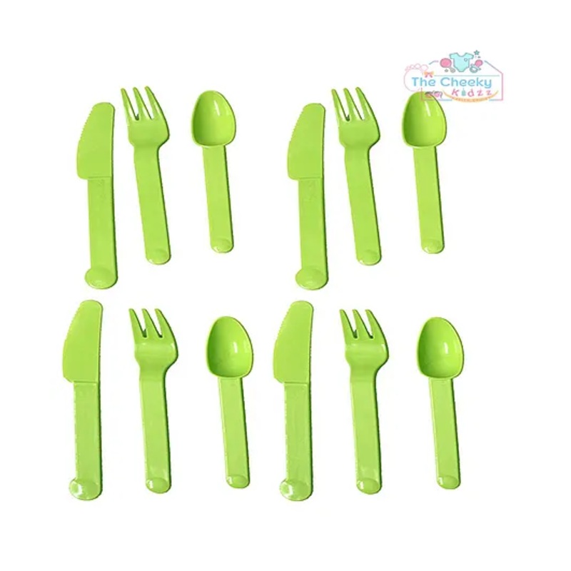 The Cheeky Kidzz Baby Double Head Silicone Spoon Bendable Steel Scraper With 12 Pieces Spoon Fork Knife Set For Babies BPA Free(GREEN)