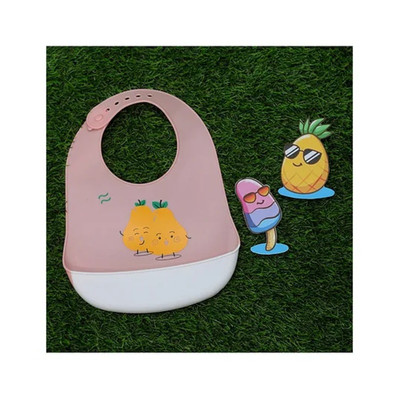 Yellow Bee Silicone Pears Print Bib with Crumb Catcher and Adjustable Closure for Girls – Peach and White