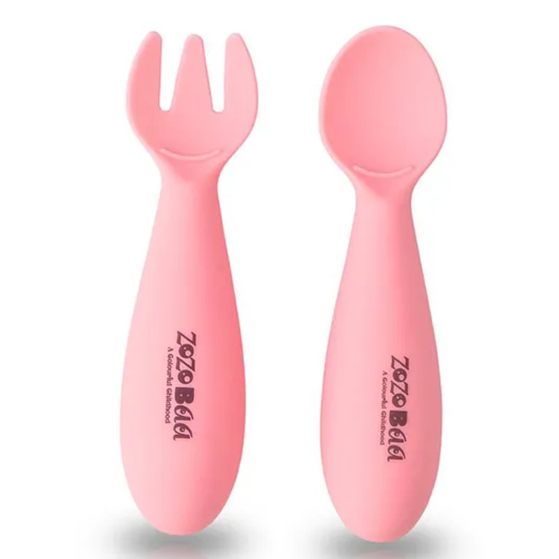 ZoZoBaa Baby Weaning Spoon & Fork Set, Chewable Silicone Utensils for Training Infants, Baby Led Self Feeding, 6 M+| Gum Friendly, BPA Free, Dishwasher Safe, Unbreakable, 1 Pair, Light Pink