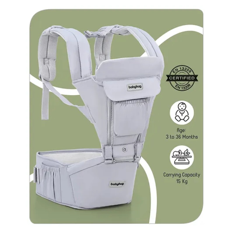 Babyhug Cherish 5-in-1 Hip Seat Baby Carrier:  Ergonomic design with padded straps, Breathable fabric, Foldable head support, storage pockets, and 5 carrying positions for babies up to 15 kg-Grey