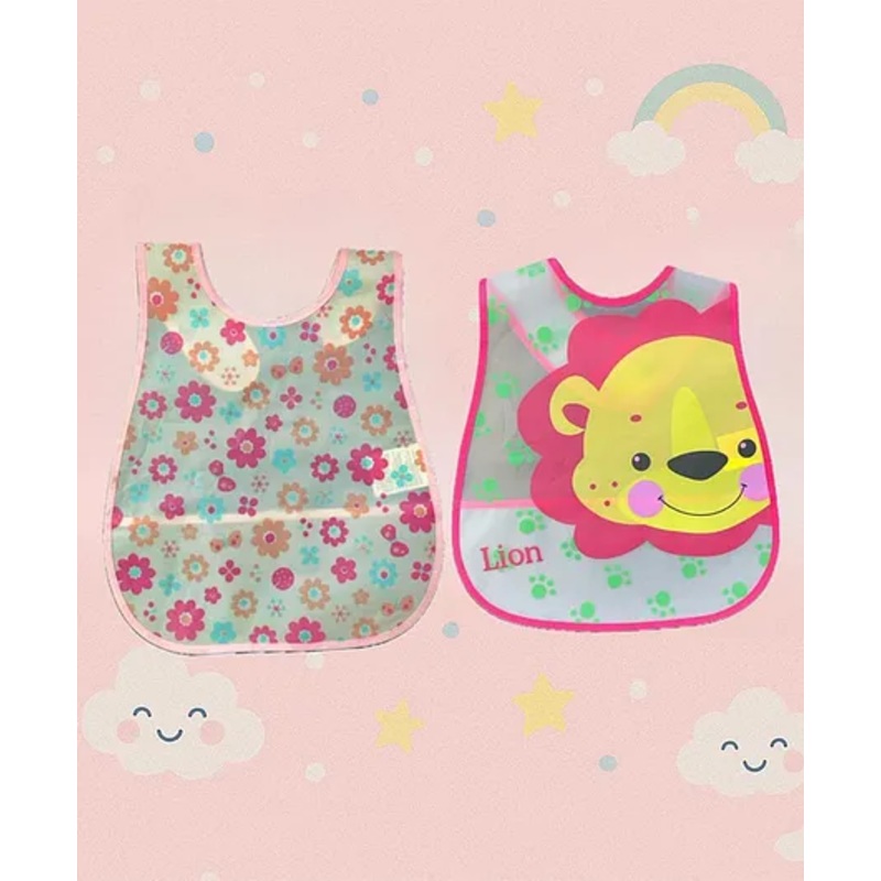 Badal Kidz Plastic Waterproof Baby Feeding Apron with BIB flower and lion design – Pink & Pink(Pack of 2)