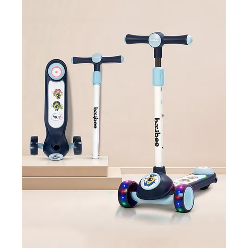 Baybee Rolo Kick Scooter for Kids, 3 Wheel Kids Scooter with 3 Height Adjustable Handle, Music & Rear Brake, Skate Scooter with PU LED Wheels, Runner Scooter for Kids (Royal Blue)