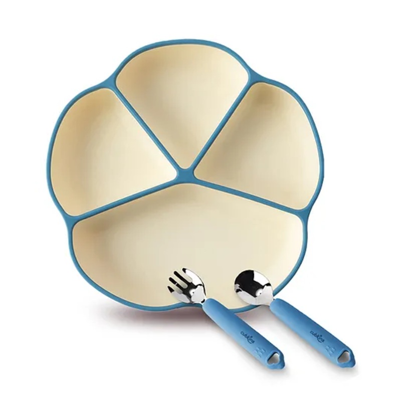 CUBKINS Set of 3 pcs – Plate, SS Spoon, SS Fork | Designed for Babies, Infants & Toddlers | BPA Free, Food Grade, FDA Approved | Easy to Clean (Blue Olive)