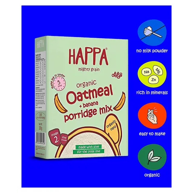 Happa Organic Oatmeal & Banana Cereal for Babies | Only 2 Ingredients | No Sugar, No Additives | Cooks in 3 Minutes | 6 M+ | 200g