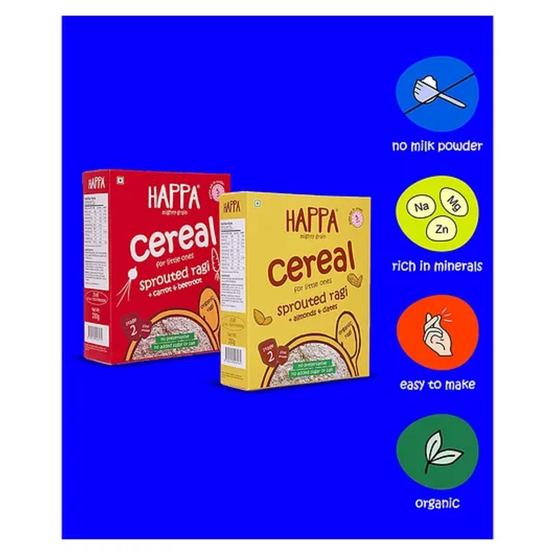 Happa Organic Sprouted Ragi Cereal for Babies | Only 3 Ingredients | No Sugar, No Additives | Cooks in 3 Minutes | 6 M+ | 2 Packs | 200g
