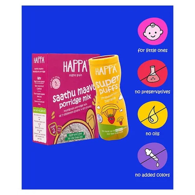 Happa Organic Strawberry Banana Puffs & Sprouted Ragi Almond Date Porridge Mix for Babies 8M+, 240g